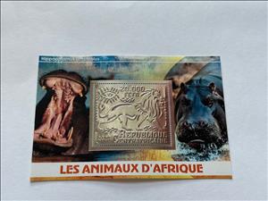 Souvenir Sheet, African Animals - Hippopotamuses, Central African Republic,  , Animals (Fauna), Hippopotamuses, Лев