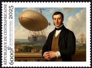 Stamp, Airships - Jean Baptiste Meusnier, Central African Republic,  , Air Balloons, Engineers, Famous People, Изобретатели