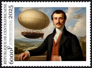 Stamp, Airships - Jean Baptiste Meusnier, Central African Republic,  , Air Balloons, Engineers, Famous People, Изобретатели
