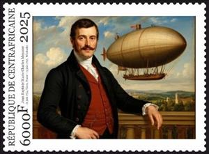 Stamp, Airships - Jean Baptiste Meusnier, Central African Republic,  , Air Balloons, Engineers, Famous People, Изобретатели