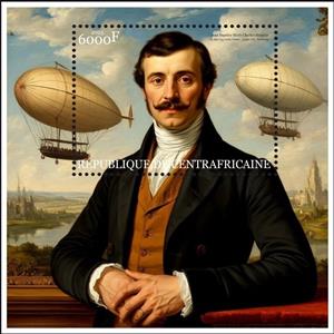 Souvenir Sheet, Airships - Jean Baptiste Meusnier, Central African Republic,  , Air Balloons, Engineers, Famous People, Изобретатели
