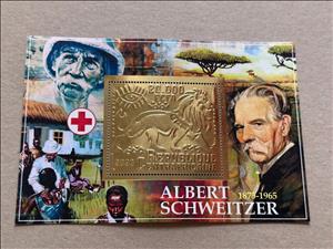 Souvenir Sheet, Albert Schweitzer, Central African Republic,  , Famous People, Humanists, Лев, Organist, Philosophers, Physicians, Red Cross and Red Crescent, Theologians