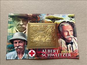 Souvenir Sheet, Albert Schweitzer, Central African Republic,  , Famous People, Humanists, Лев, Organist, Philosophers, Physicians, Red Cross and Red Crescent, Theologians