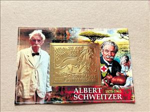 Souvenir Sheet, Albert Schweitzer, Central African Republic,  , Famous People, Humanists, Лев, Organist, Philosophers, Physicians, Red Cross and Red Crescent, Theologians