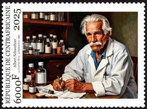 Stamp, Albert Schweitzer, Central African Republic,  , Famous People, Humanists, Organist, Philosophers, Physicians, Theologians