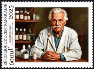 Stamp, Albert Schweitzer, Central African Republic,  , Famous People, Humanists, Organist, Philosophers, Physicians, Theologians