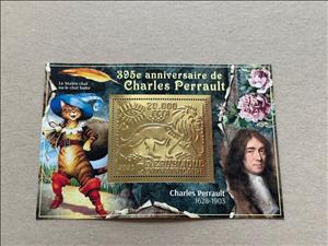 Souvenir Sheet, Charles Perrault 395th Anniversary, Central African Republic,  , Authors, Fairy Tales, Famous People, Лев, Literary People (Poets and Writers)