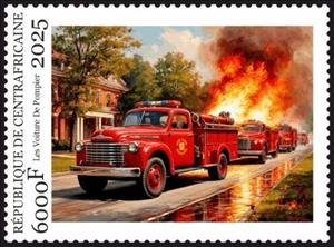 Stamp, Fire Trucks, Central African Republic,  , Fire and Flames, Fire-brigade, Trucks