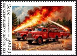 Stamp, Fire Trucks, Central African Republic,  , Fire and Flames, Fire-brigade, Trucks