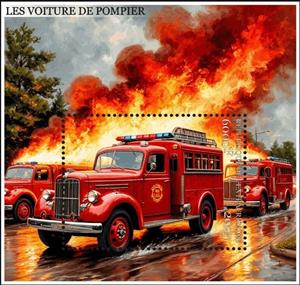 Souvenir Sheet, Fire Trucks, Central African Republic,  , Fire and Flames, Fire-brigade, Trucks