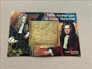 Souvenir Sheet, Isaac Newton, Central African Republic,  , Astronomers, Authors, Famous People, Лев, Mathematicians, Physicists, Theologians