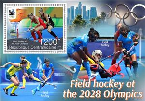 Souvenir Sheet, Olympic Games in Los Angeles in 2028 - Field Hockey, Central African Republic,  , Hockey, Olympic Games, Sports