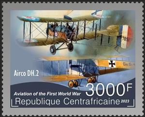 Stamp, World War I Aviation, Central African Republic,  , Aircraft, Aviation, First World War