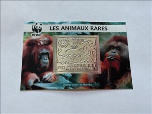 Souvenir Sheet, WWF - Rare Animals - Orangutans, Central African Republic,  , Animals (Fauna), Лев, Mammals, Monkeys, WWF