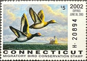 Stamp, Greater scaup (Aythya marila), Connecticut (CT),  , Animals (Fauna), Birds, Ducks, Hunting, Lighthouses
