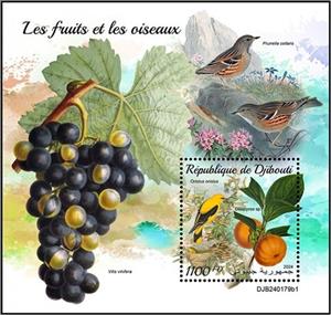 Souvenir Sheet, Diospyros sp. and Oriolus oriolus, Djibouti,  , Birds, Fruits and Berries