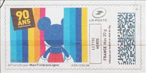 Stamp, Mickey from behiind in a rainbow coloured curtain, France,  , Anniversaries and Jubilees, Cartoons, Disney