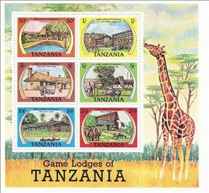Souvenir Sheet, Safari Lodges - MiNo. 107-12, Tanzania,  , Mammals, Tourism, Elephants, Giraffes, Animals (Fauna)