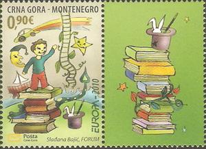 Stamp with Attached Label, Boy on a Pile of Books, Boat, Car, Rabbit in a Magicians Hat, Montenegro,  , Books, C.E.P.T. / Europe, Children, Drawings, Literature