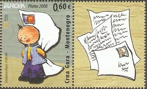 Stamp with Attached Label, Europa (C.E.P.T.) 2008 - Letter Writing, Montenegro,  , C.E.P.T. / Europe, Children, Drawings, Letters (Mail)