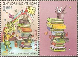 Stamp with Attached Label, Stack of Books and Girl, Butterfly, Castle, Rainbow, Montenegro,  , Books, C.E.P.T. / Europe, Children, Drawings, Literature