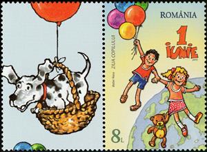 Stamp with Attached Label, Children with Balloons & Teddy Bear, Romania,  , Air Balloons, Children, Dogs, Globes, Teddy Bears