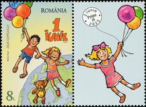 Stamp with Attached Label, Children with Balloons & Teddy Bear, Romania,  , Air Balloons, Children, Globes, Teddy Bears