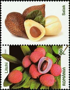 Stamp with Attached Label, Lychee, Salak, Romania,  , Fruits and Berries, Plants (Flora)