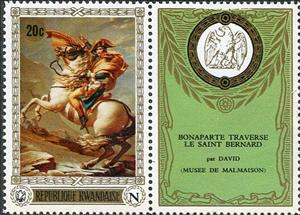 Stamp with Attached Label, Napoleon at the Great St. Bernard by Jacques Louis David, Rwanda,  , Anniversaries and Jubilees, Art, Famous People, Horses, Paintings