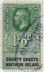 Stamp, King George V County Courts 1/6d, United Kingdom- Northern Ireland Revenue Stamps,  , Crowns and Coronets, Famous People, Heads of State, Kings, Men, Royalty