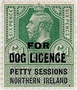 Stamp, King George V overprinted "For Dog Licence", United Kingdom- Northern Ireland Revenue Stamps,  , Crowns and Coronets, Dogs, Famous People, Heads of State, Kings, Men, Royalty