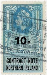 Stamp, Queen Elizabeth II Contract Note 10p, United Kingdom- Northern Ireland Revenue Stamps,  , Crowns and Coronets, Famous People, Heads of State, Queens, Royalty, Women