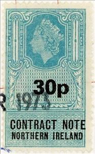 Stamp, Queen Elizabeth II Contract Note 30p, United Kingdom- Northern Ireland Revenue Stamps,  , Crowns and Coronets, Famous People, Heads of State, Queens, Royalty, Women