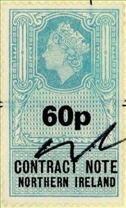 Stamp, Queen Elizabeth II Contract Note 60p, United Kingdom- Northern Ireland Revenue Stamps,  , Crowns and Coronets, Famous People, Heads of State, Queens, Royalty, Women