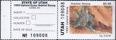 Stamp with Attached Label, Bobwhite quail (Colinus virginianus), Utah (UT),  , Animals (Fauna), Birds, Hunting
