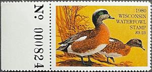 Stamp with Collectible Margin, American wigeon (Anas americana), Wisconsin (WI),  , Animals (Fauna), Birds, Ducks, Hunting