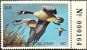 Stamp with Collectible Margin, Canada goose (Branta canadensis), Wisconsin (WI),  , Animals (Fauna), Birds, Geese, Hunting