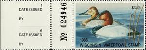 Stamp with Attached Label, Canvasback (Aythya valisineria), Wisconsin (WI),  , Animals (Fauna), Birds, Ducks, Hunting