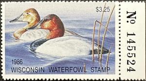 Stamp with Collectible Margin, Canvasback (Aythya valisineria), Wisconsin (WI),  , Animals (Fauna), Birds, Ducks, Hunting
