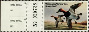 Stamp with Attached Label, Canvasback (Aythya valisineria), Wisconsin (WI),  , Animals (Fauna), Birds, Ducks, Hunting