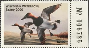 Stamp with Collectible Margin, Canvasback (Aythya valisineria), Wisconsin (WI),  , Animals (Fauna), Birds, Ducks, Hunting
