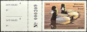 Stamp with Attached Label, Greater scaup (Aythya marila), Wisconsin (WI),  , Animals (Fauna), Birds, Ducks, Hunting