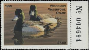 Stamp with Collectible Margin, Greater scaup (Aythya marila), Wisconsin (WI),  , Animals (Fauna), Birds, Ducks, Hunting