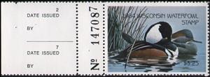 Stamp with Attached Label, Hooded merganser (Lophodytes cucullatus), Wisconsin (WI),  , Animals (Fauna), Birds, Ducks, Hunting