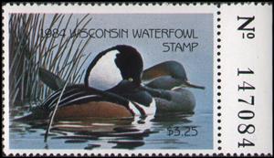 Stamp with Collectible Margin, Hooded merganser (Lophodytes cucullatus), Wisconsin (WI),  , Animals (Fauna), Birds, Ducks, Hunting