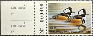 Stamp with Attached Label, Hooded merganser (Lophodytes cucullatus), Wisconsin (WI),  , Animals (Fauna), Birds, Ducks, Hunting