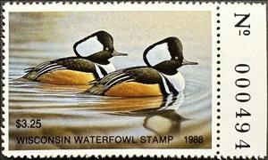 Stamp with Collectible Margin, Hooded merganser (Lophodytes cucullatus), Wisconsin (WI),  , Animals (Fauna), Birds, Ducks, Hunting