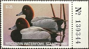 Stamp with Collectible Margin, Redhead (Aythya americana), Wisconsin (WI),  , Animals (Fauna), Birds, Ducks, Hunting