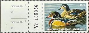Stamp with Attached Label, Wood duck (Aix sponsa), Wisconsin (WI),  , Animals (Fauna), Birds, Ducks, Hunting
