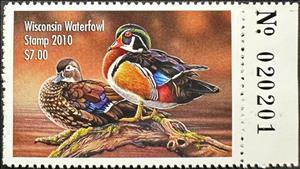 Stamp with Collectible Margin, Wood duck (Aix sponsa), Wisconsin (WI),  , Animals (Fauna), Birds, Ducks, Hunting